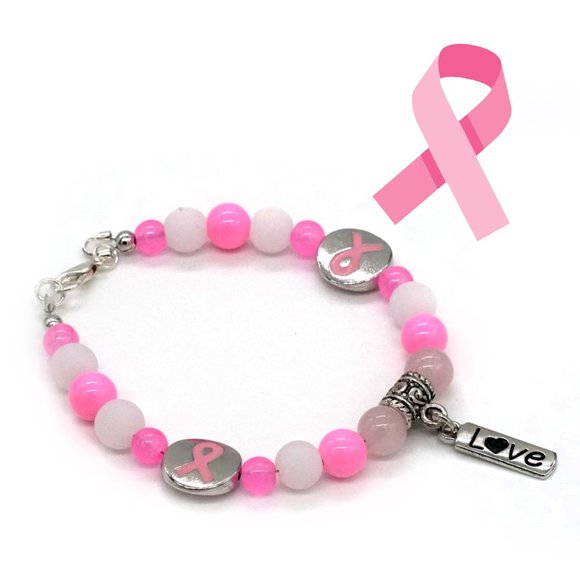 My Bead Emporium Jewelry - Bracelet Pink Ribbon Breast Cancer Awareness Love Charm Pink White Ribbon Beads